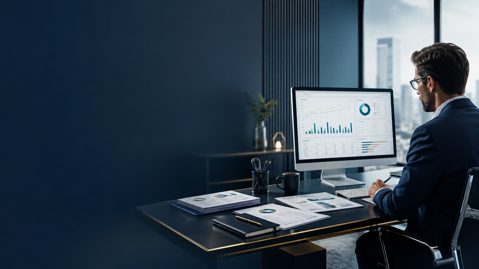 Entorno corporativo con documentos y análisis financiero