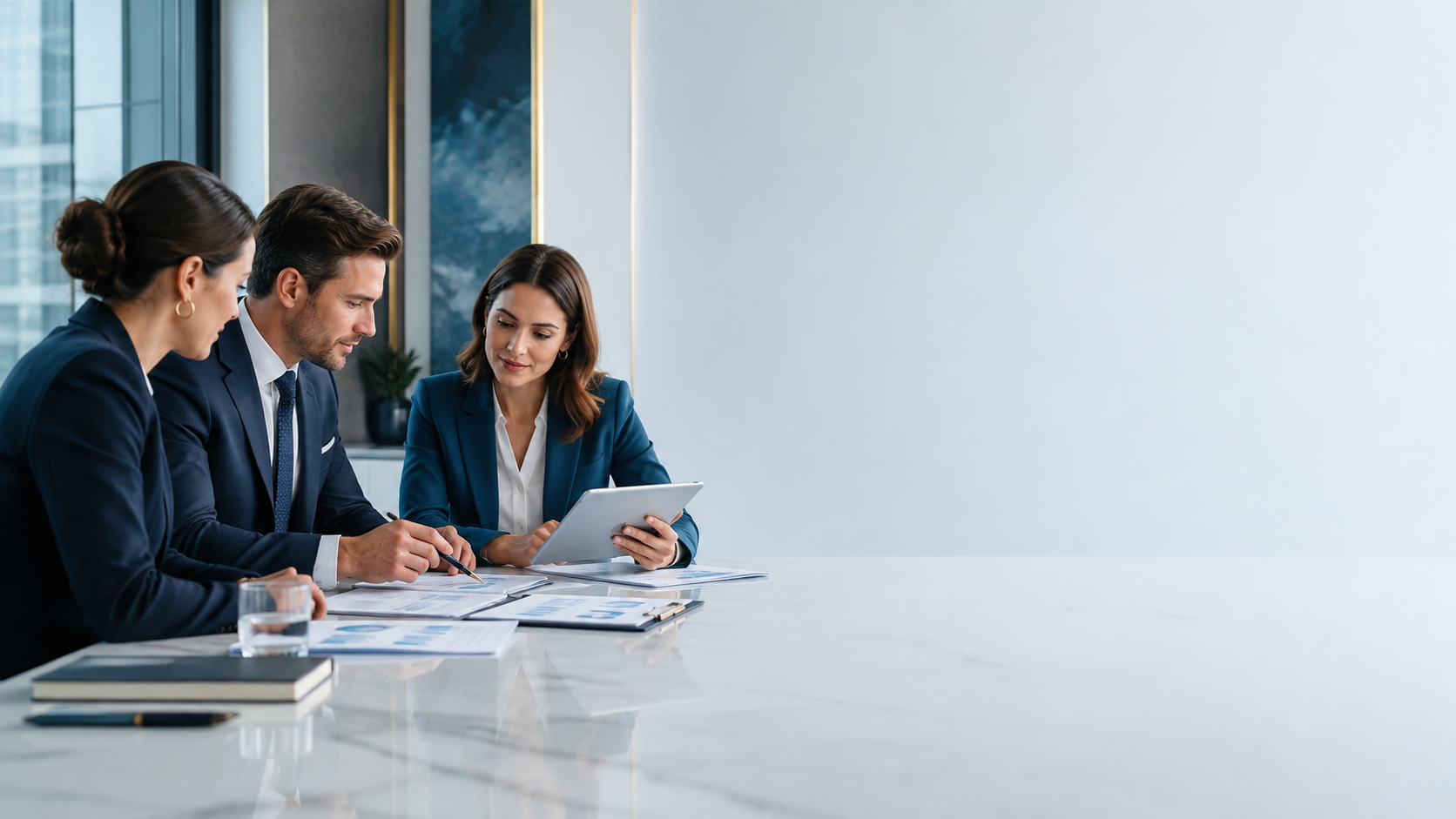 Mesa de trabajo corporativa con gráficos, tablet y documentos de análisis